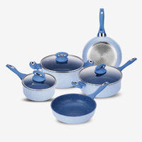 Blue nonstick rolled edge cookware set with soft touch bakelite handle