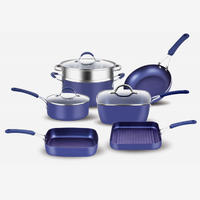 Blue nonstick press aluminum cookware set with soft touch SS handle
