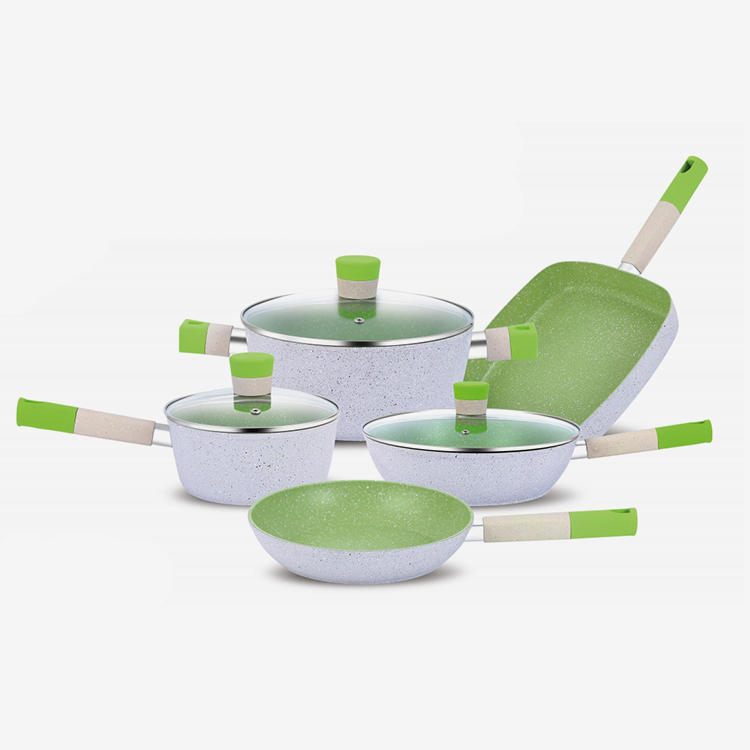 Green nonstick forged cookware set with soft touch bakelite handle