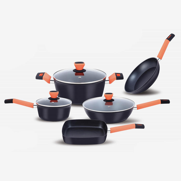 Black nonstick forged cookware set with soft touch bakelite handle