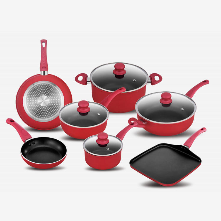 Red nonstick rolled edge cookware set with soft touch bakelite handle