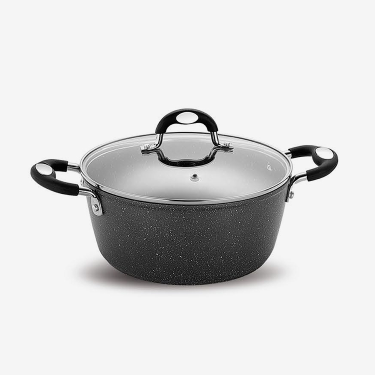 Black nonstick forged aluminum casserole with soft touch bakelite handle