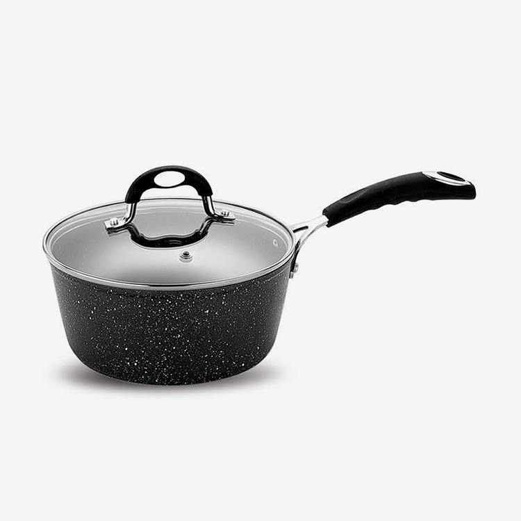 Black nonstick forged aluminum sauce pan with soft touch bakelite handle