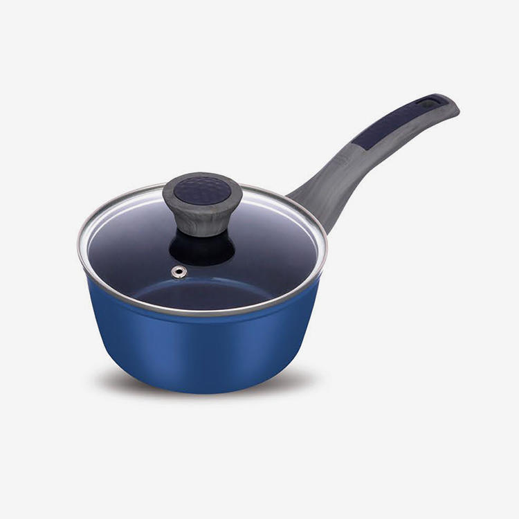 Blue nonstick forged aluminum sauce pan with soft touch bakelite handle
