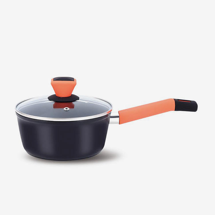 Black nonstick forged aluminum sauce pan with soft touch bakelite handle