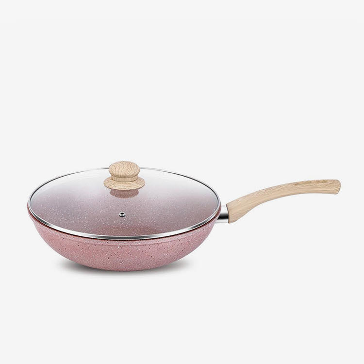 Pink nonstick rolled edge aluminum wok with bakelite handle 