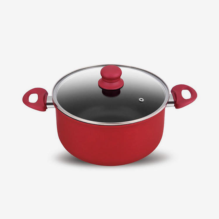 Red nonstick rolled edge aluminum casserole with soft touch bakelite handle