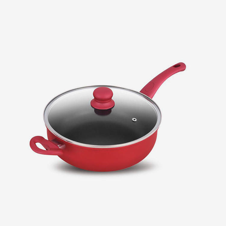 Red nonstick rolled edge aluminum saute pan with soft touch bakelite handle