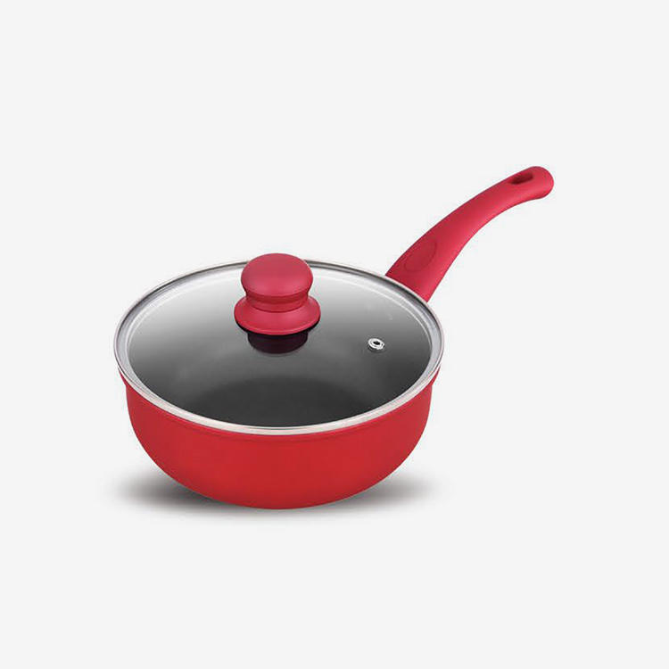 Red nonstick rolled edge aluminum sauce pan with soft touch bakelite handle