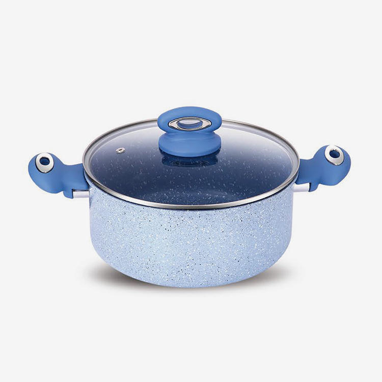Blue nonstick rolled edge aluminum casserole with soft touch bakelite handle