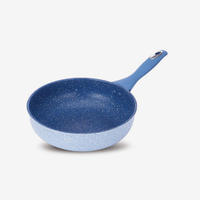 Blue nonstick rolled edge aluminum wok with soft touch bakelite handle