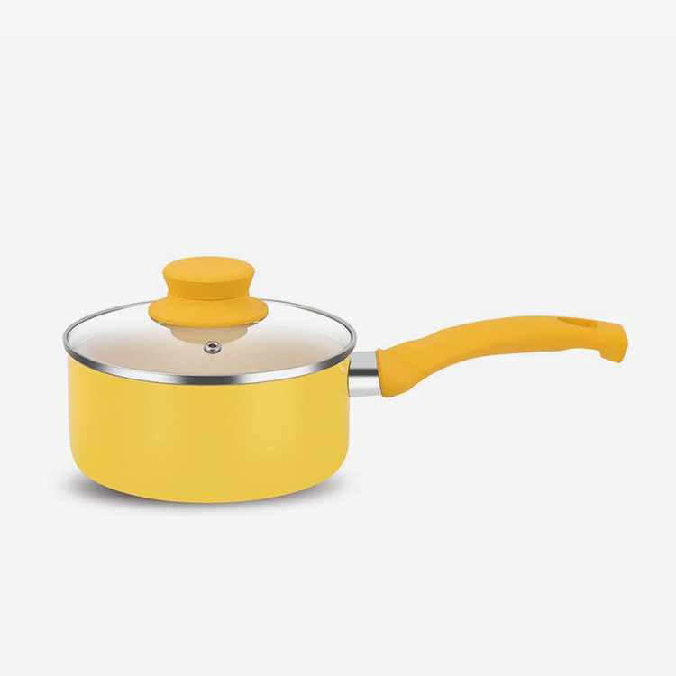 Yellow nonstick press aluminum sauce pan with soft touch bakelite handle
