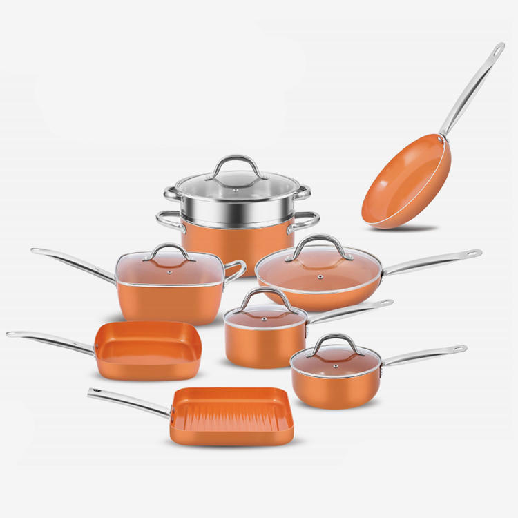 Copper ceramic press aluminum cookware set with stainless steel handle