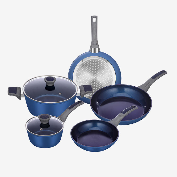 Blue nonstick forged cookware set with soft touch bakelite handle