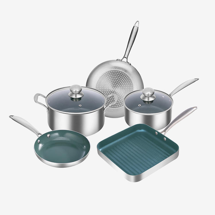 Silver ceramic press aluminum cookware set with stainless steel handle